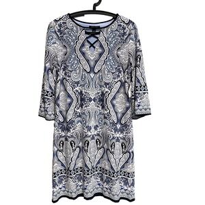 NWT Ross & Ali Blue Sheath Dress Sz Med Feminine Boho Career Chic Stretch